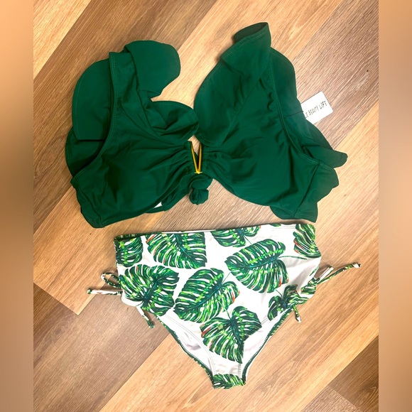 Emerald green V Ruffle top High-waist Tropical Bottom 2-Piece Swim bikini NWT LG - Picture 1 of 9